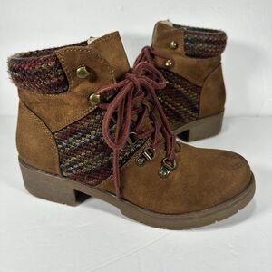 Mossimo Supply Co. Women's Lace Up Ankle Boots Brown Suede Knit Trim Size 8.5